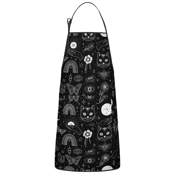 Cat and Moon Gothic Pattern Apron for Women with Pockets, Cotton Linen Waterproof Adjustable Apron for Kitchen Cooking Gardening BBQ Salon 33"x27"