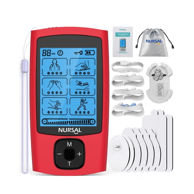 Estimulador muscular NURSAL TENS de 24 modos, masajeador de pulso electrónico recargable con 8 almohadillas para aliviar el dolor de espalda y hombros y fortalecer los músculos (rojo)