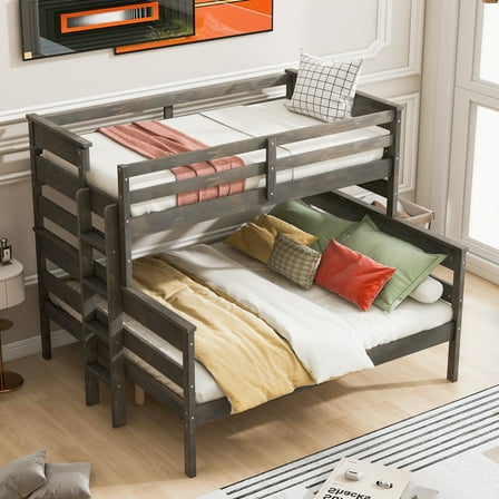 Wood Twin XL over Queen Bunk Bed with Ladder, Gray