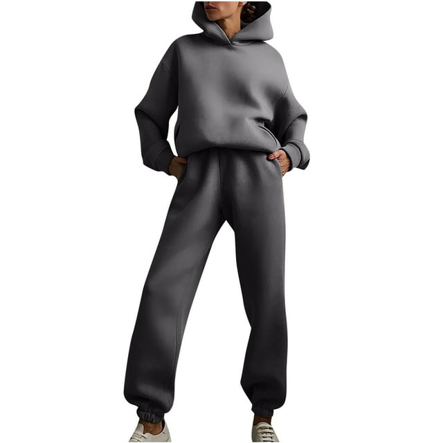 Ensemble de Chandails en Molleton à Capuche pour Femmes, Deux Pièces, Manches Longues, Pantalon Long, Décontracté, Uni