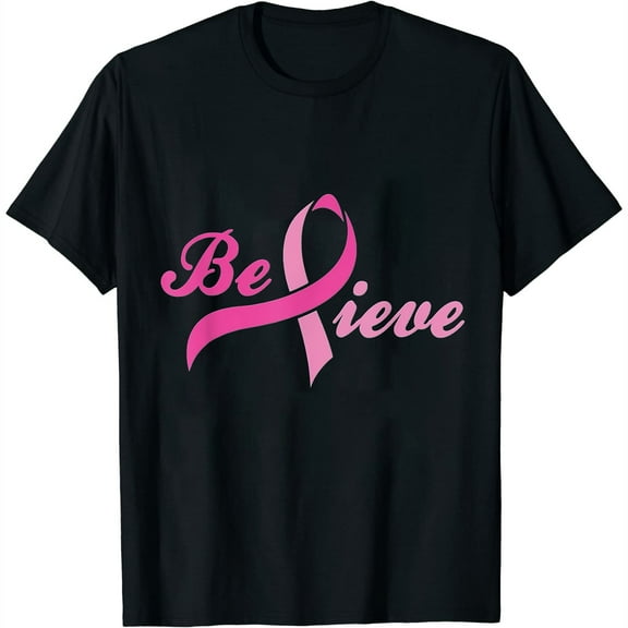 Womens T Shirt Breast Cancer Awareness Believe Pink Ribbon Gift Shirts Black 2XL