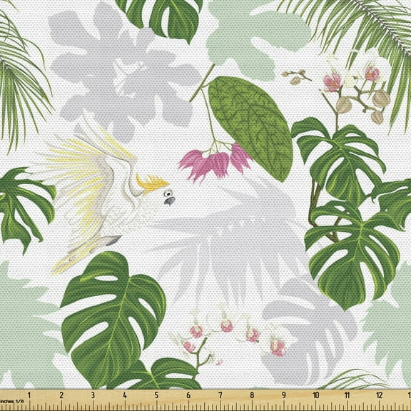 Ambesonne Tropical Fabric by the Yard Upholstery, Cockatoo Parrot Exotic, 1 Yard, Green Dust and White