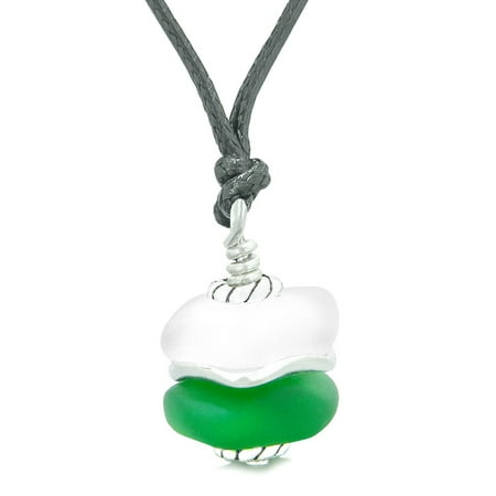 - Sea Glass Icy Frosted Waves Double Lucky Green White Positive Energy Amulet Pendant Adjustable Necklace