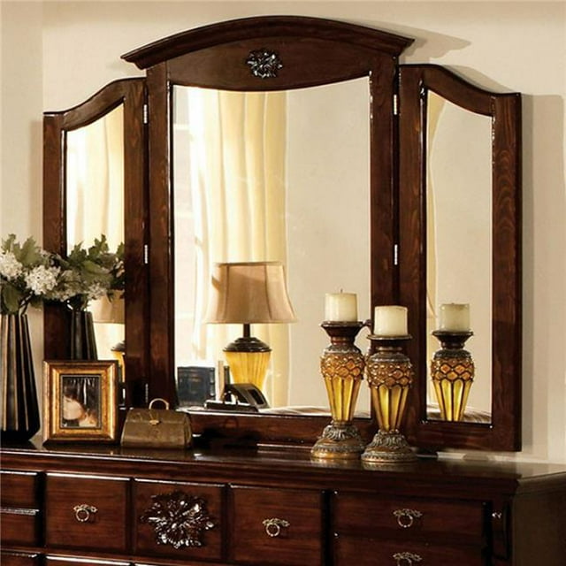 Tuscan II Traditional Style Tri-Fold Mirror, Glossy Dark Pine