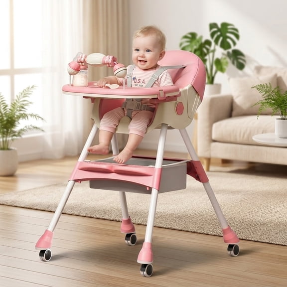 SHIBAILI Baby High Chair Foldable 4 in 1 Convertible High Chairs with 5-Point Safety Harness, Adjustable Dining Tray & Backrest & Height for Babies And Toddlers, Pink