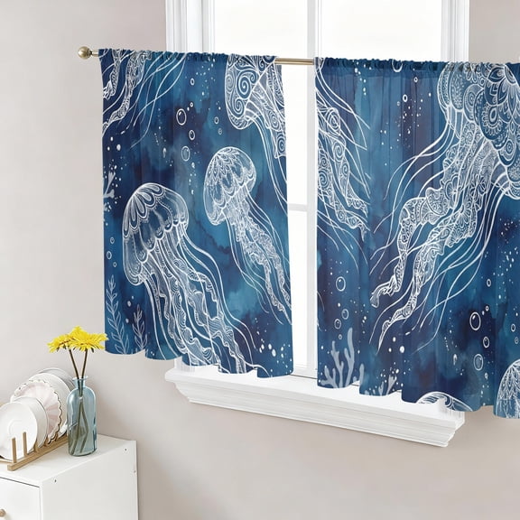 Navy Blue Jellyfish Coastal Semi Sheer Curtains 45 Inch Length 2 Panels Set, Nautical Summer Beach Ocean Sheer Kitchen Curtain Privacy Voile Window Curtain for Living Room Bedroom Rod Pocket Drapes
