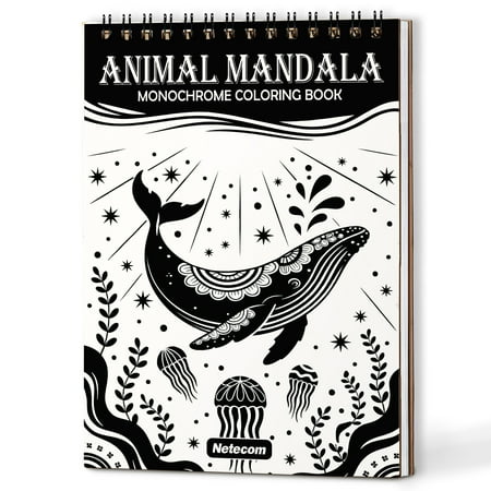 Animal Mandala Monochrome Coloring Book Spiral Bound for Adults A5 Wooden Cover Relaxing One-Color Illustrations with Whales Wolfs Owl and Intricate Patterns for Mindfulness