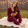 thumbnail image 5 of Lounge Set V Neck Ruched Long Sleeve Crop Top Drawstring Wide Leg Pants Sets for Women Cozy Loose Fit Casual Outfits Wine M, 5 of 7