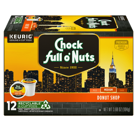 Chock full o’Nuts® Donut Shop Coffee, Single Serve Keurig® K-Cup® Pods, Medium Roast Coffee, 12-Count Box