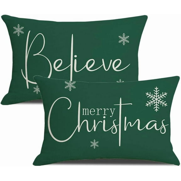 Christmas Pillow Covers 12 x 20 Inch Set of 2 Merry Christmas Believe Green Throw Pillow Covers Winter Xmas Winter Holiday Decorative Cushion Cases for Sofa Couch
