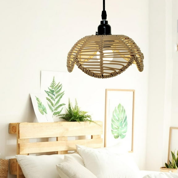 Rattan Lamp Shade, Lotus Shape Woven Hanging Pendant Lampshade, Country Wicker Basket Chandelier Lamp Cover Rustic Ceiling Light Fixture Table Lamp Floor Lamp Light for Bedroom Living Room Hallway