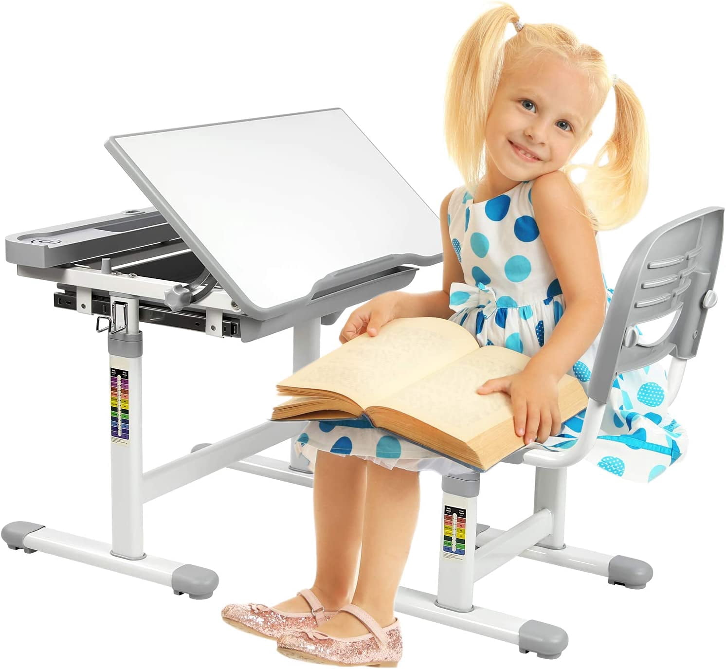 DYPDM Desk and Chair Set Height Adjustable Ergonomic Children's School Workstation with STORAGE Drawer Grey (Grey)