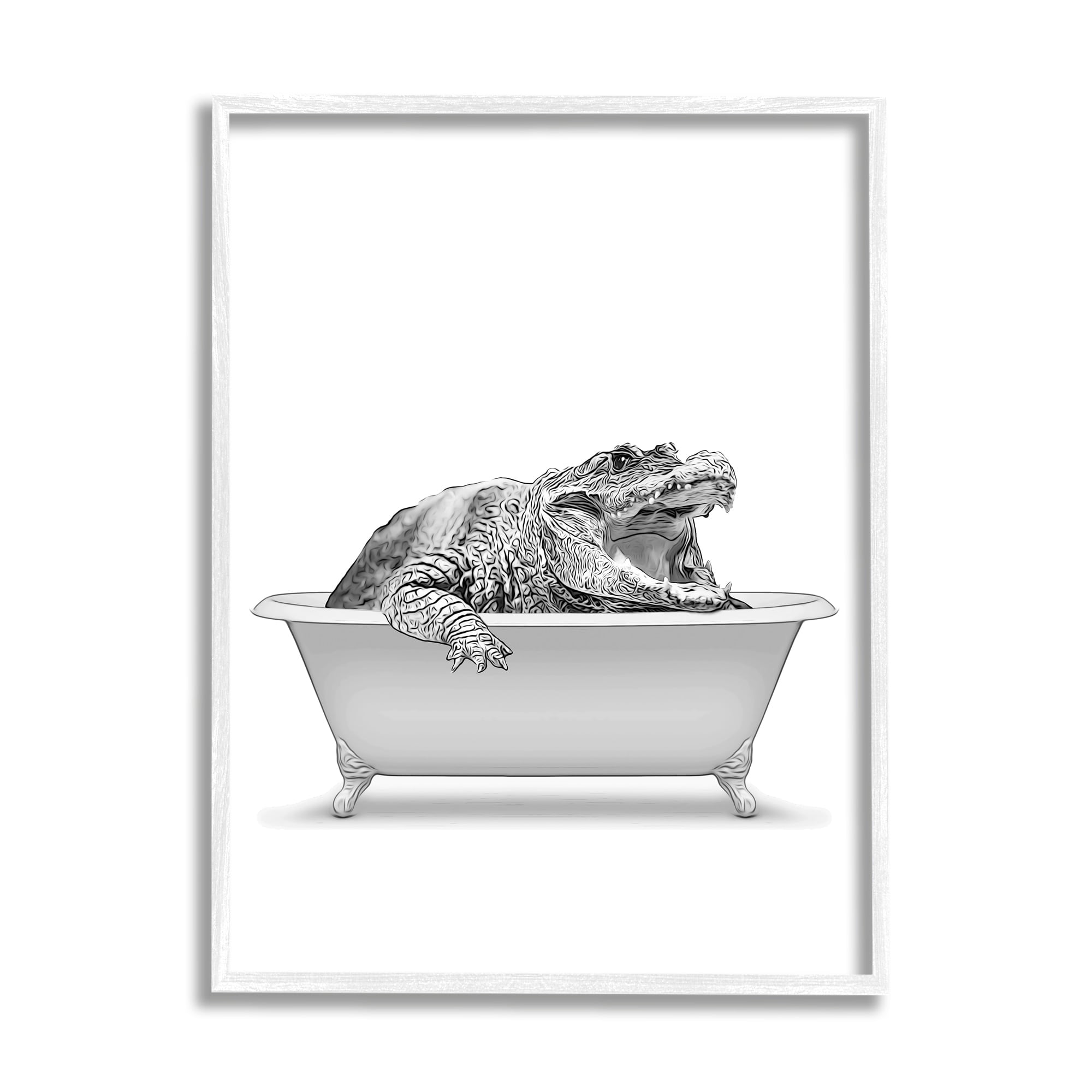 Stupell Industries Crocodile Bathroom Wildlife Tub Animals & Insects Painting White Framed Art Print Wall Art
