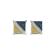 Sterling Silver Mens Round Yellow Color Enhanced Diamond Square Cluster Earrings 1/20 Cttw
