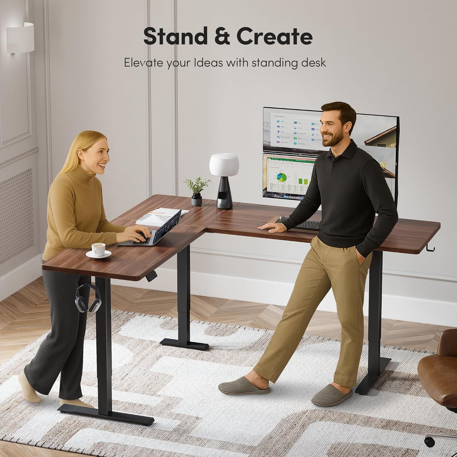 DESINO L-Shaped Standing Desk Adjustable Height, 63 Inch Electric Stand up Corner Computer Desk, Sit Stand Home Office Desk with Splice Board, Light Rustic Brown