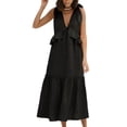 thumbnail image 1 of Robe Maxi à Étages Sans Manches à Col en V pour Femme, Plage, à Bretelles à Nouer, Smockée, Longue, Plissée, Robe d'Été, 1 of 9