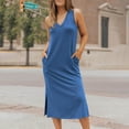 thumbnail image 3 of Pvkarhg Summer Dresses for Women Solid Color V Neck Tank Dress Sleeveless Side Split Casual Midi Dress Slim Fit Beach Party Dress, 3 of 7