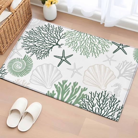 Sage Green Coastal Bathroom Rug Washable 2x3 Entryway Rug Non Slip Ocean Coral Starfish Shell Seahorse Front Door Mat Low Pile Indoor Doormat Throw Floor Carpet for Kitchen Bedroom Entrance