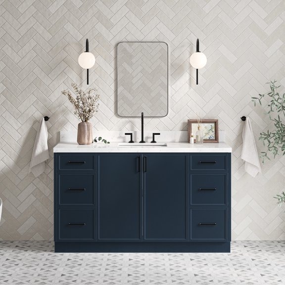 Ariel Kelly 60 Inch Single Rectangle Sink Bathroom Vanity With Carrara White Quartz Countertop 1.5 Inch Edge In Midnight Blue