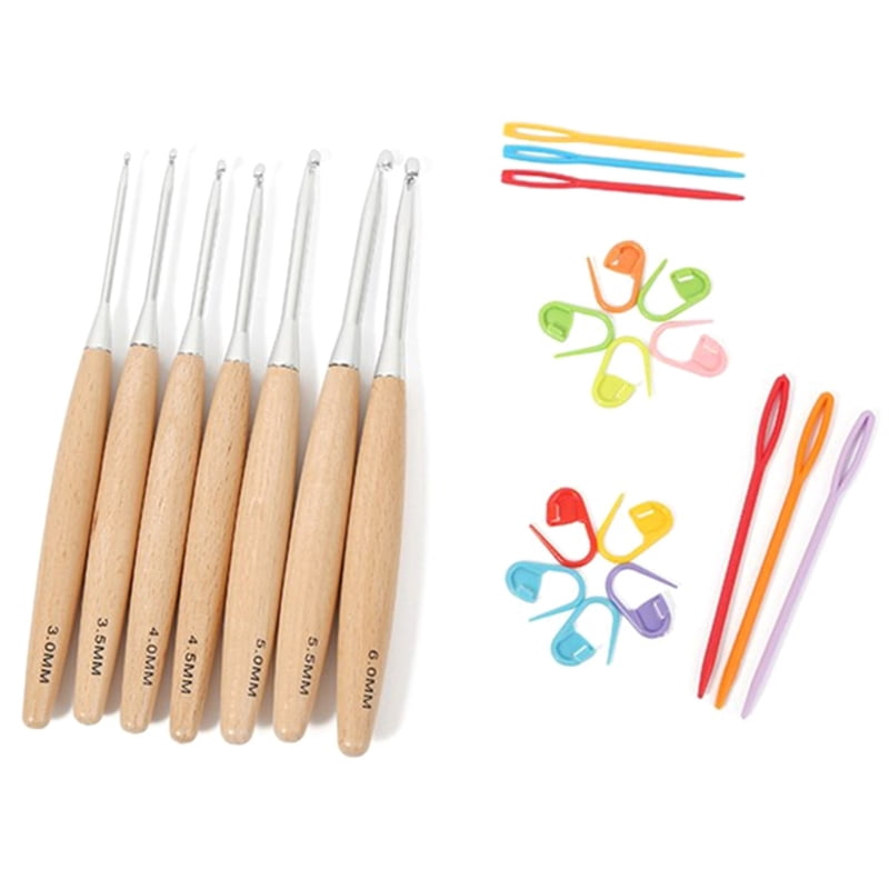 Zecic 7PCS Wooden Handle Crochet Hook with Big Eye Needle Stitching Marker, Storage Bag for DIY Crochet Craft Hand Stitching