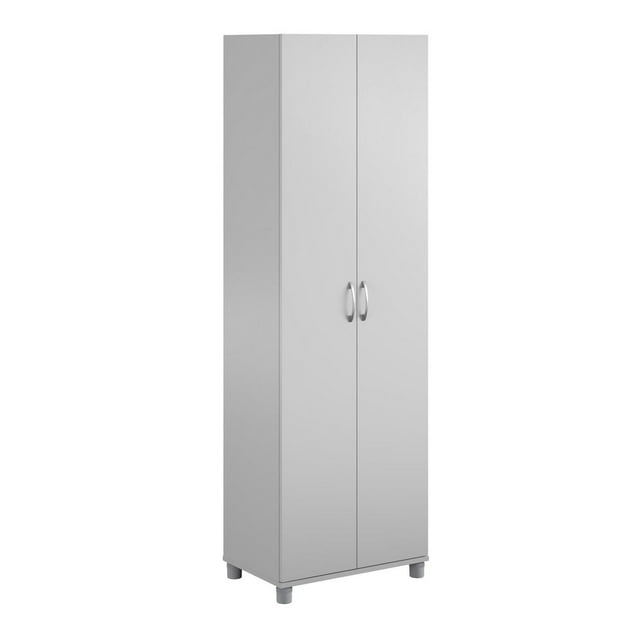 Tall white utility storage cabinet with two doors, silver handles, and raised feet for organized home or office use.