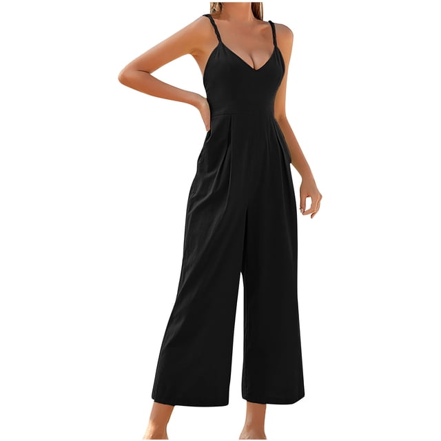 AherBiu Boho Rompers for Women Spaghetti Strap Deep V Neck Sleeveless Straight Wide Leg Jumpsuits