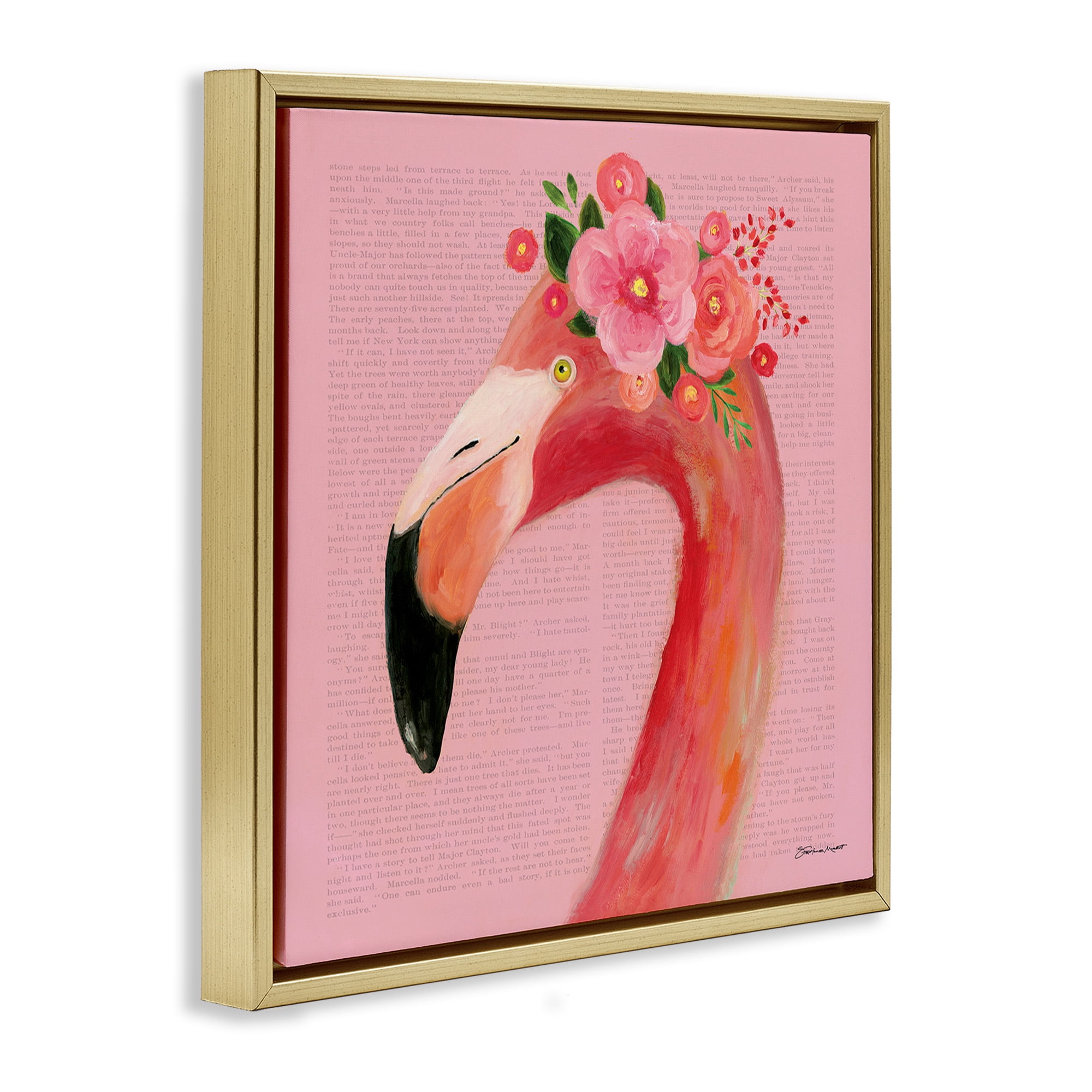 Stupell Industries Floral Flamingo Pink Portrait Animals & Insects Painting Gold Floater Framed Canvas Art Print Wall Art, 18 x 18