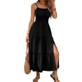 thumbnail image 2 of Maqroz Womens Spaghetti Strap Maxi Dresses Smocked 2026 Side Slit Summer Spring Casual Boho Beach Long Vacation Ruched Ruffle Flowy Sundress Black S, 2 of 6