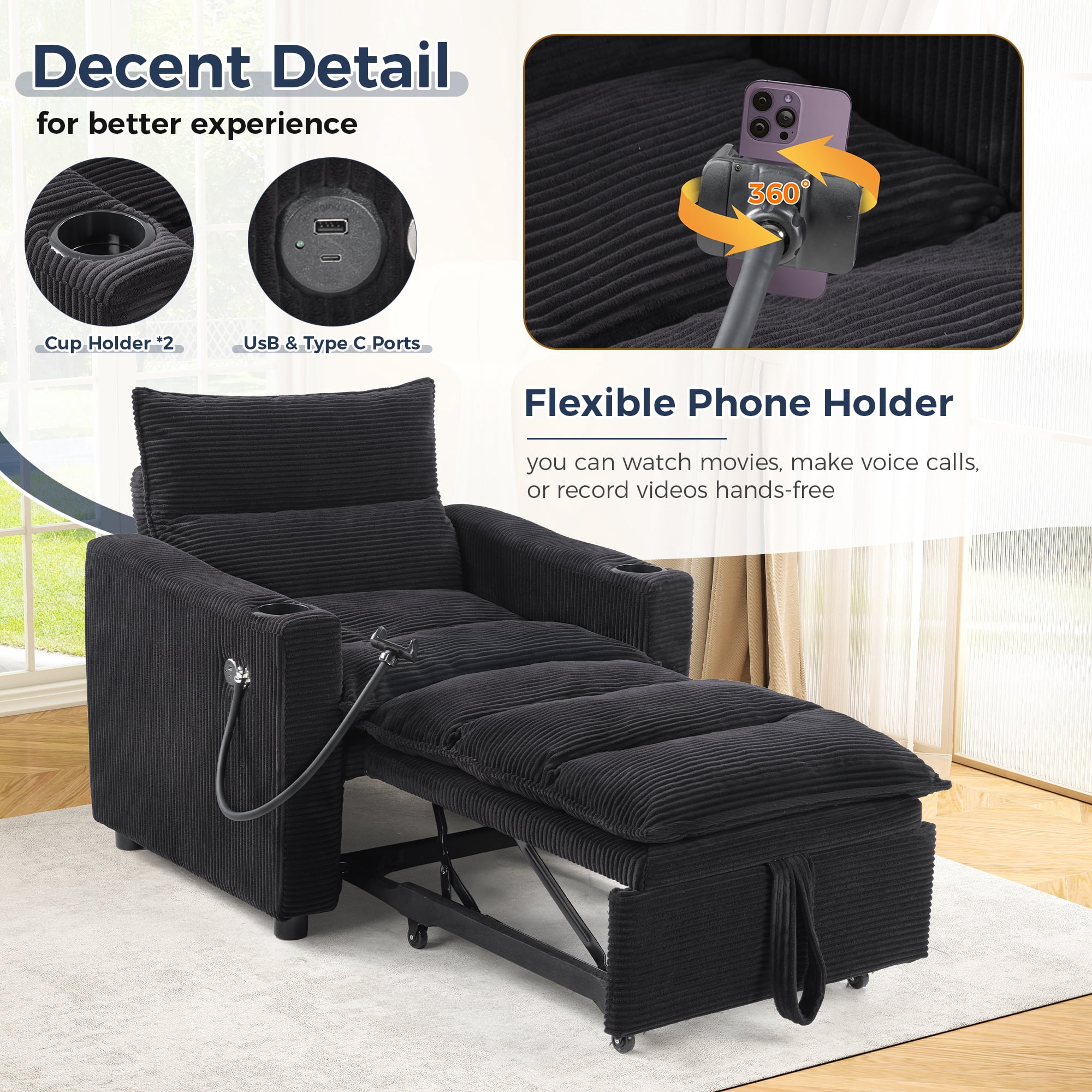 Ebello 3-in-1 Convertible Corduroy Sleeper Sofa Bed with Phone Holders & USB Ports, Pull Out Bed, Adjustable Backrest, Easy Assembly, 1-Seat(Black)