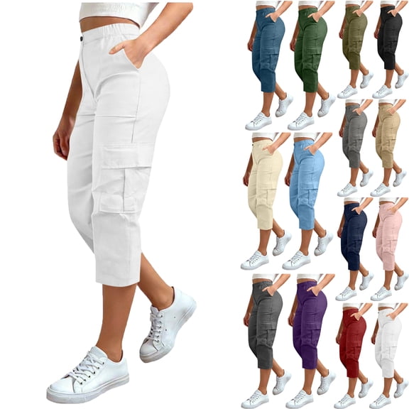 Women's Stretch Cargo Capris pants Front and Side Pockets Casual Cropped Pants