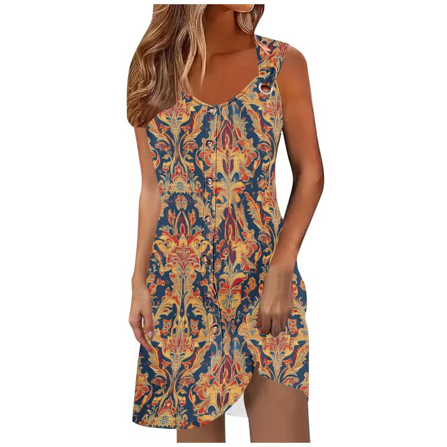 Ovzne Robes pour Femmes Robe de Plage Robe de Vacances Printemps et Été pour Femmes Bouton Col en V Robe à Bretelles Robe Imprimée en Liquidation