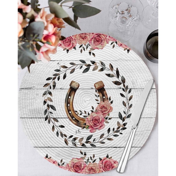 13 Inch Round Placemats Set of 4, Pink Roses Non Slip Heat Insulation PP Table Mats, Spring Horseshoes Floral Leaves Gray Wood Washable Place Mats for Kitchen Dining Party Table Decor