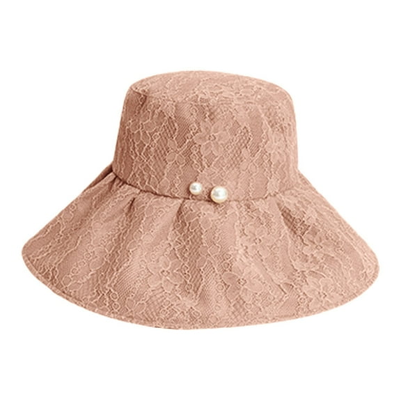55-58cm hat circumference adjustable fisherman hat women's big brim sunscreen hat foldable pearl lace sun hatKhaki