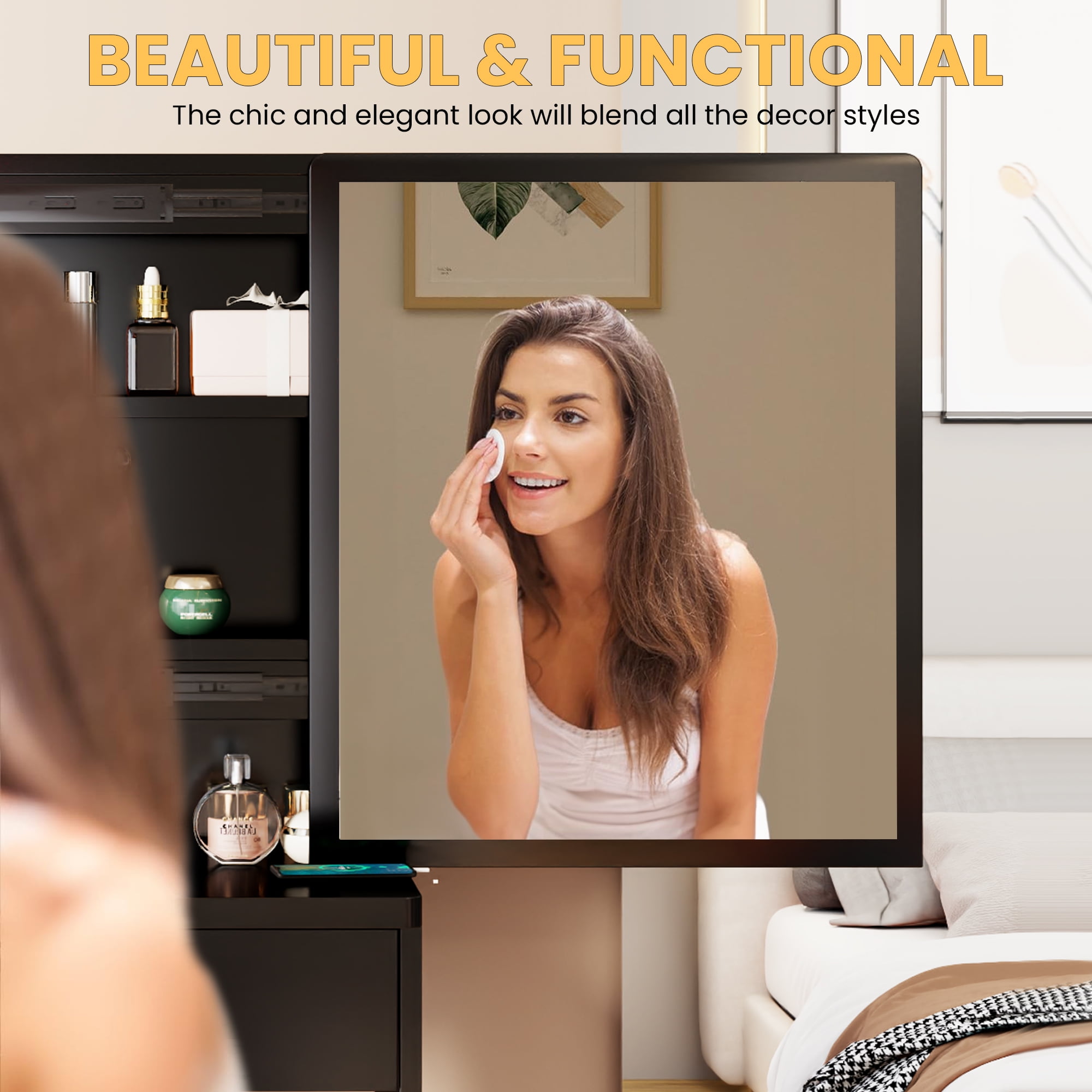 Aukfa Girls Functional Soft-Close Drawer Mirror Table Set Black-A