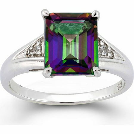 Mystic Green Topaz and White Topaz Sterling Silver Emerald-Cut Ring