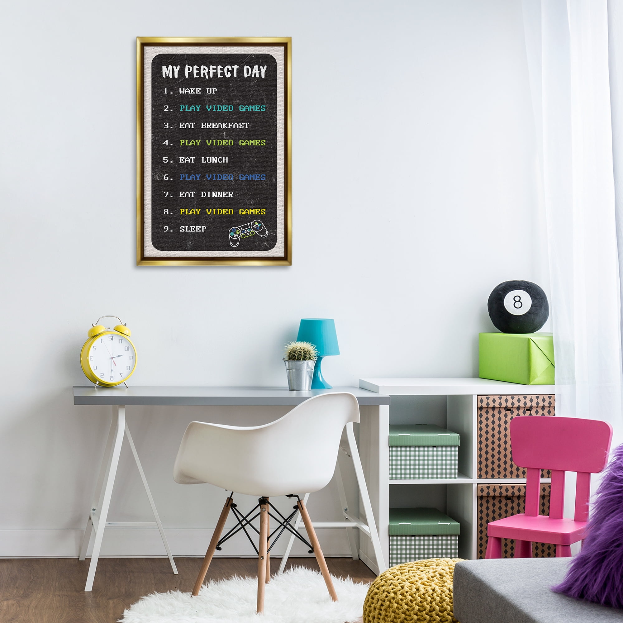 Stupell Industries Perfect Day Gamer Life Typography Painting Gold Floater Framed Art Print Wall Art, 21 x 31