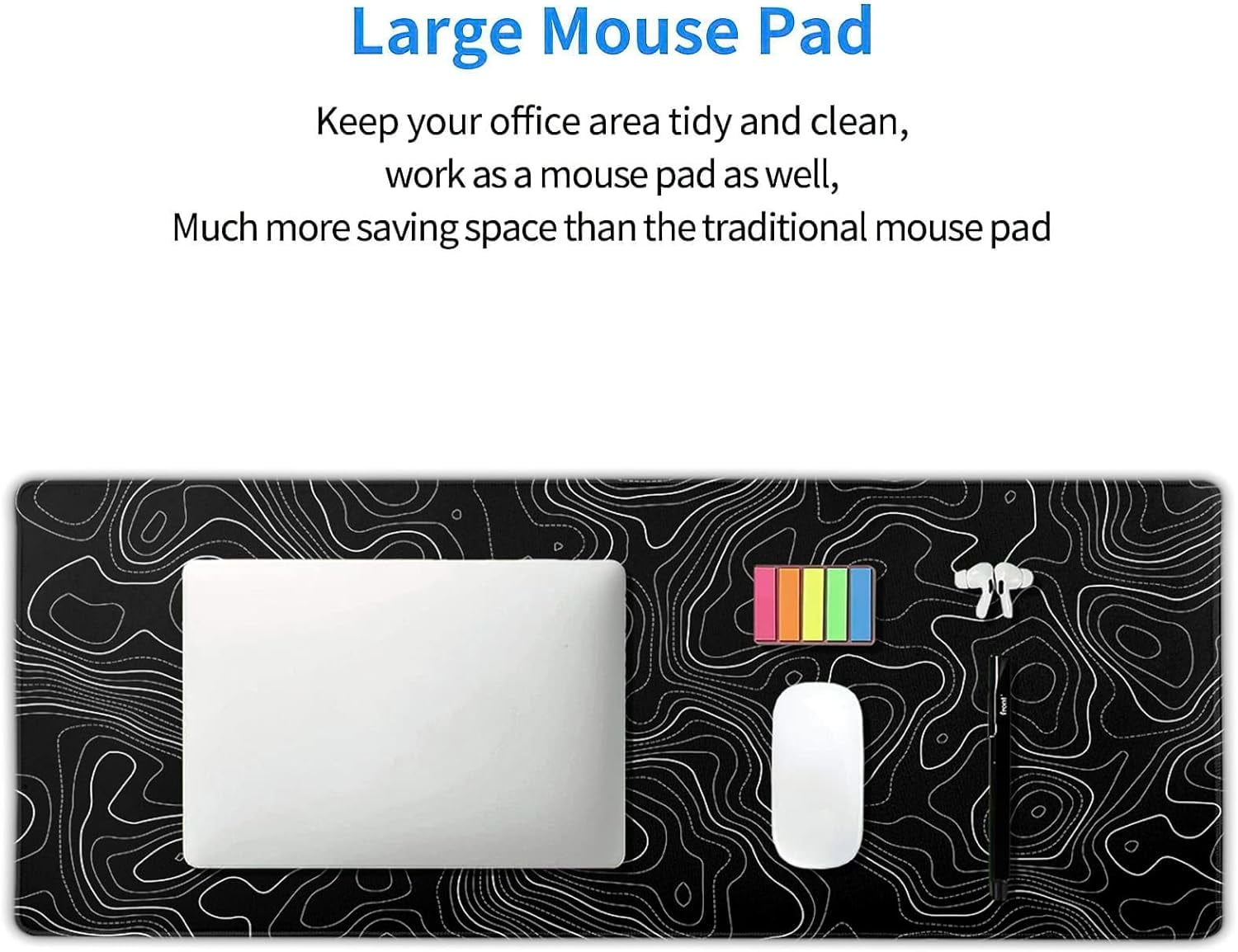 Topographic Contour Black Gaming Mouse Pad XL Topo Geographic Map Lines Extended Large Mouse Pad Big Desk Mat Non-Slip Rubber Base Stitched Edge Long Keyboard Playmat for Desk Computer,31.5×11.8 in