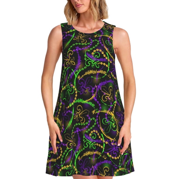 Disketp Neon Mardi Gras para Vestido sin Mangas para Mujeres, Vestidos de Verano para Mujeres, Casual y Holgado para la Playa