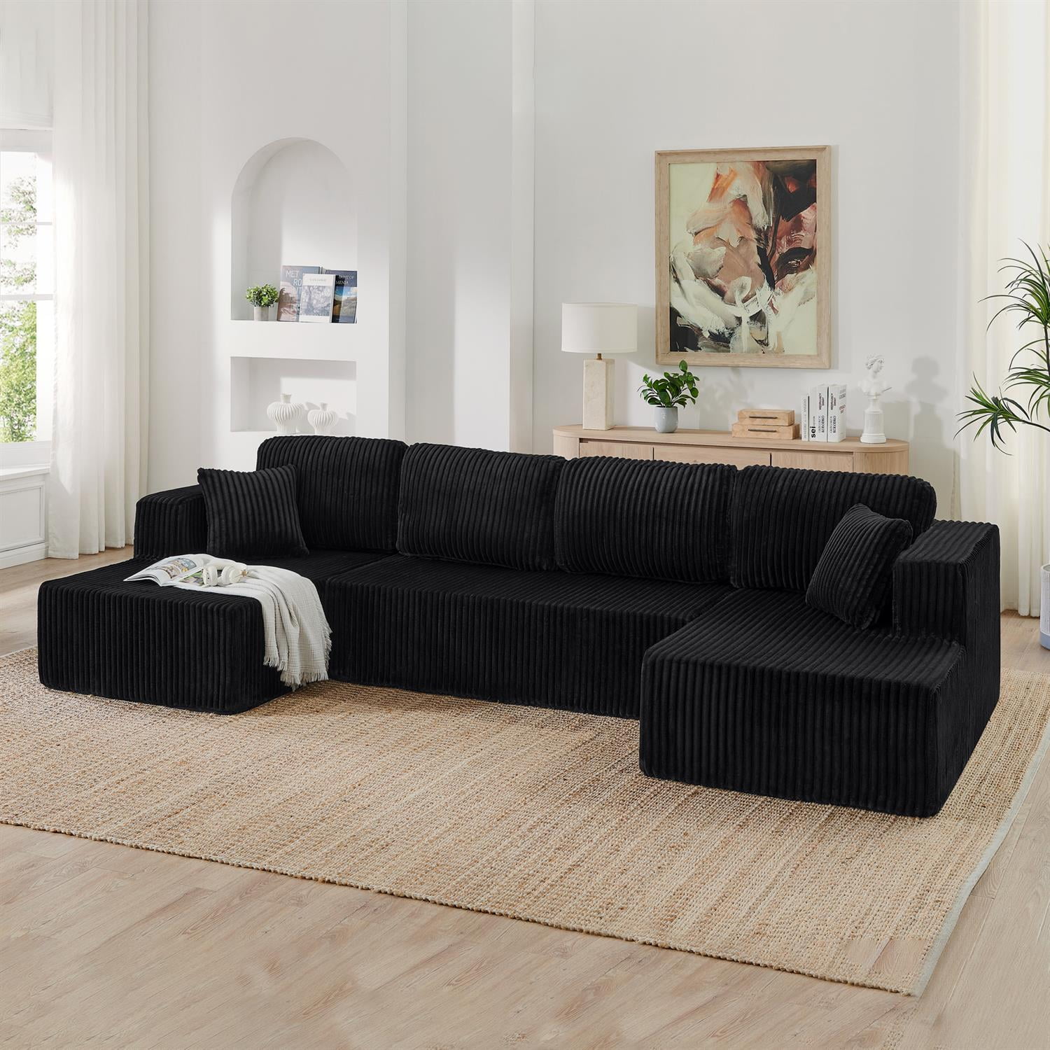 Demi Bonn 132" U-Shaped Modular Sectional Sofa, Modern Corduroy Couch for Living Room & Bedroom, Minimalist Comfy Sleeper Sofa, Black
