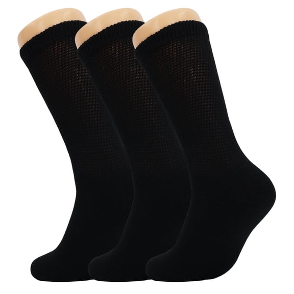 Diabetic Loose Fitting Crew Socks with Non Binding Top 3 Pairs (Black, 10-13)