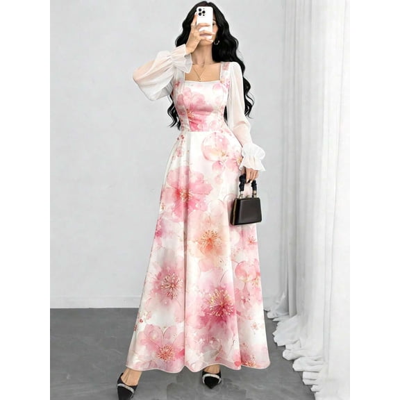 Hibiscus Ditsy Floral Square Neck Lantern Sleeve Women's Long Maxi Dress, Summer Waist Cinched Elegant Floral Patterned Dress