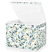 Yayeee Collapsible Cube Storage Bin with Lid Fabric Closet Decorative Basket with Handles, Darker Leafy Pattern