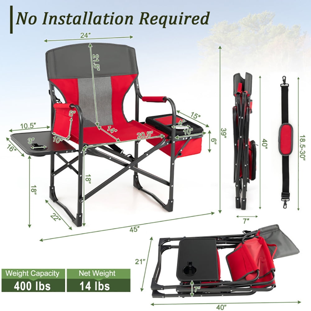 Aimee Lii Folding Camping Directors Chair with Cooler Bag and Side Table, Portable Chairs for Adults, Comfy Outdoor Chair, Red