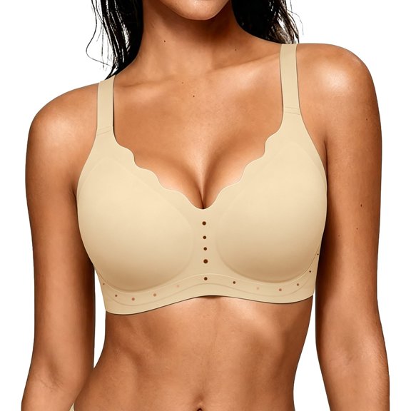 VISALY Plus Size Jelly Wireless Bras for Women Full Coverage Seamless Push Up No Underwire Everyday Bra Lift Support Buttery Soft Tshirt Bra Seamless Full Coverage Convertible Bralettes Beige M