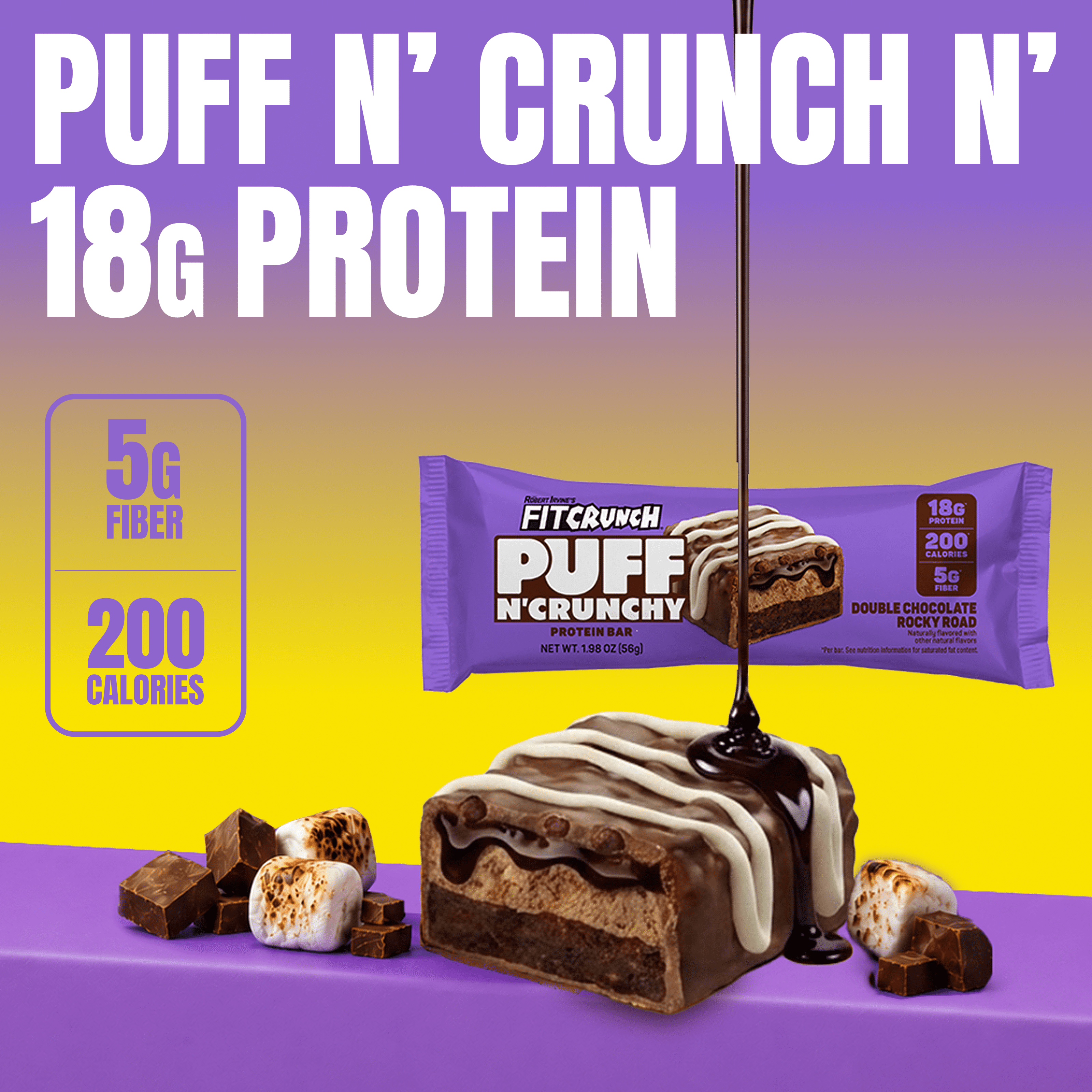 FITCRUNCH Puff n' Crunchy, Double Chocolate Rocky Road, 18g Protein, 4 Count