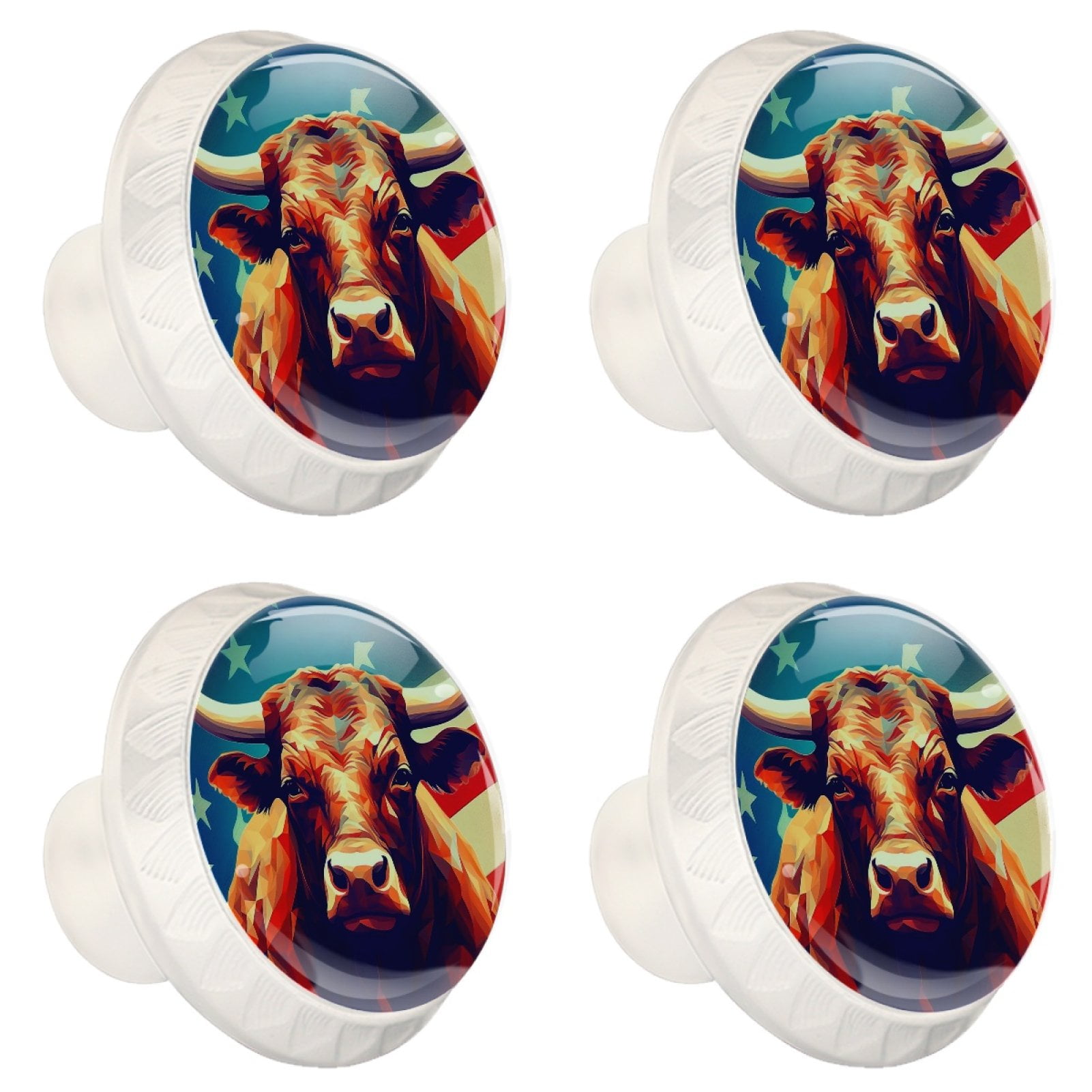 4 Pcs Cow American Flag Knobs for Kitchen Cabinet Cupboard Dresser Bookcase Drawer Pulls Handles Round Home Decor