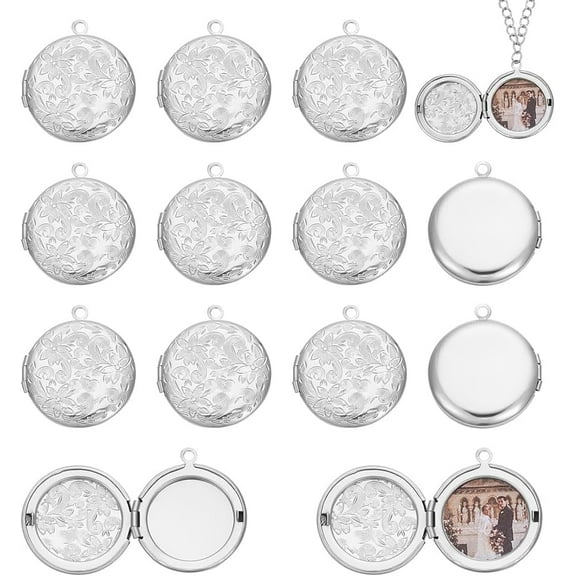 20 pc Tarnish Resistant 316 Stainless Steel Locket Pendants oto Frame Charms for Necklaces Flat Round with Flower Stainless Steel Color 30x28x5mm Hole: 2mm