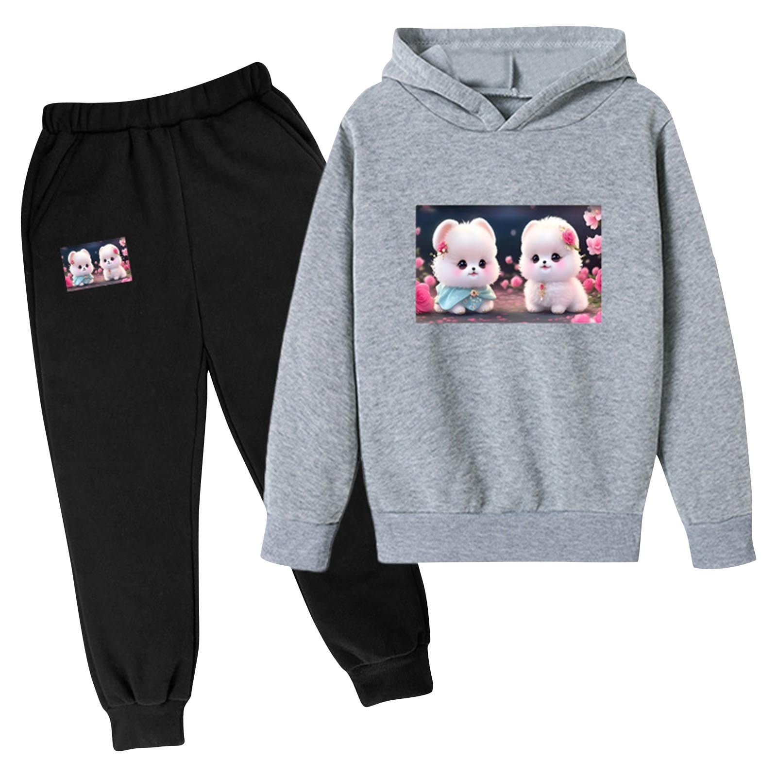 Zwiiyzr 3-10Y Infant Toddler Baby Boy Girl Clothes Solid Color Printed Long Sleeve Hoodies Jogger Pants Set 2Pcs Fall Winter Matching Outfit Gray