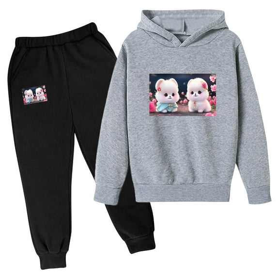 Mikilon Cute Graphic Printed Sweat Sets for Kids Size 3-9 Years Elastic Waist Baggy Sweatpants Long Sleeve Hooded Sweatshirts Fall and Winter Thermal Outfit Sets