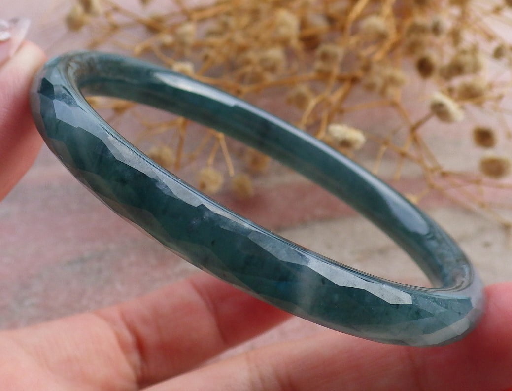 Icy Green Natural A JADE Jadeite Dia Cut Circle Bangle Bracelet 58 mm 682922 TN